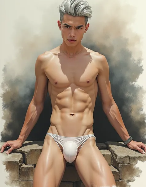 Mixed Japanese and Thai-German male supermodels, early twenty, pale skin tone, short gray platinum hairstyle. ((standing above camera legs spread apart give a nice view of his thick  penis in sheer thong)), (natural cock line, thick bulge)), exotic and goo...