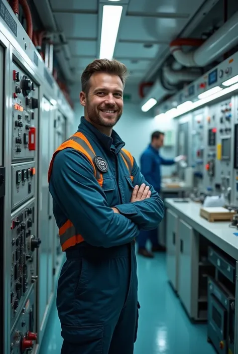 The person does not need the helmet. Only the jumpsuit.  Make them happy and focused. Remember that you are in a thermoelectric control room, Only 2 people. Focus on people and work