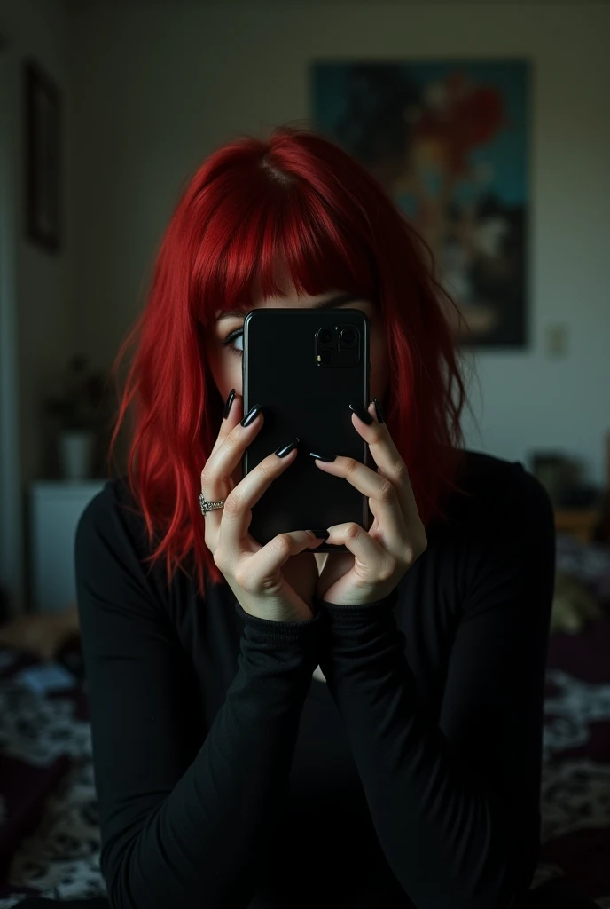 A 19 year old German girl is taking a photo in the goth's slightly stuffy room in the mirror her hair below red top black goth style has nails her black phone completely covers her face