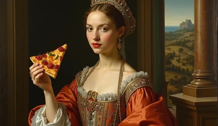 Renaissance painting of an Italian noblewoman wearing typical Renaissance dress, You have a piece of pizza in your hand
