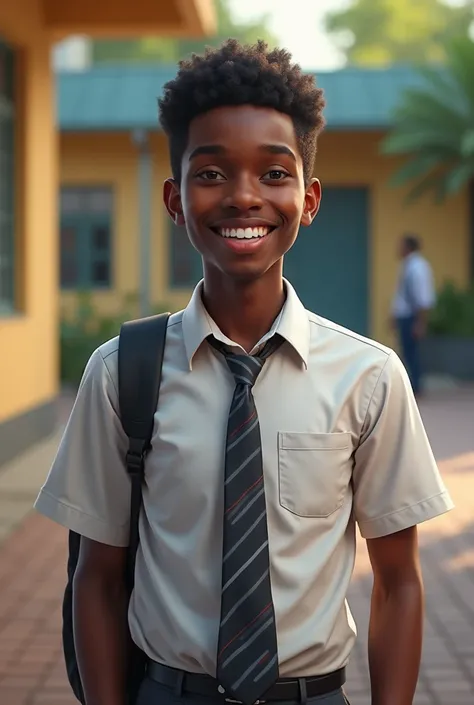 Realistic image of a happy 20 year old African high school boy 