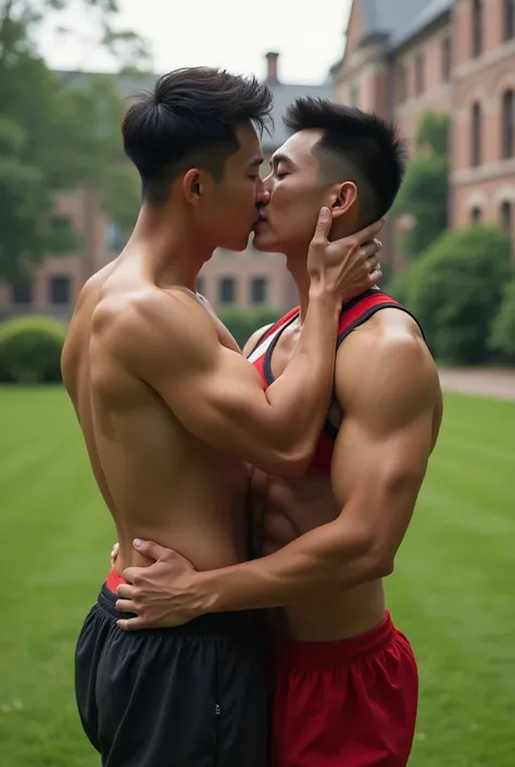 Two hunk Chinese men kissing in the campus wearing very tight shorts and crop top.  They look like varsities 