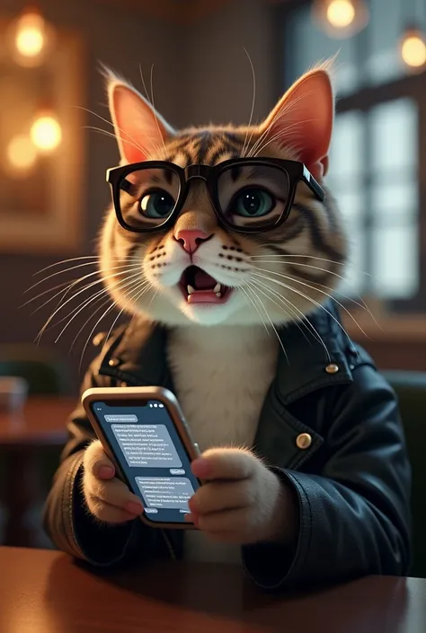 A realistic humanoid cat sitting in a modern cafe, holding a smartphone with a shocked expression. The cat has sleek fur, wears stylish sunglasses on its head, and has well-groomed whiskers. It is dressed in a trendy outfit—perhaps a leather jacket or an e...