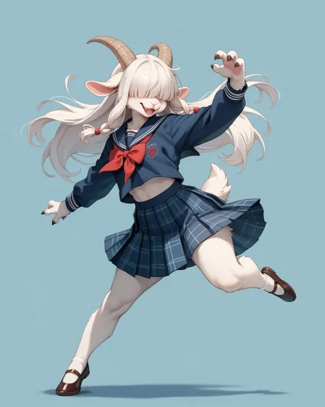 school girl , furry female goat , geek , Introvert , long hair , bangs , hair over eyes , school uniform , bold action , ballet pose