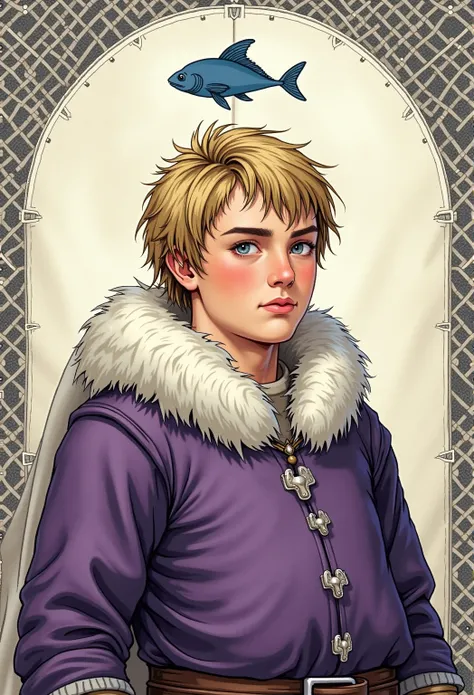 A realistic medieval fantasy portrait of a young noble lord.  He is a plump boy who wears purple velvet trimmed with white sealskin hide. He has blonde hair. He On the background a white banner adorned with a fretty pattern in gray, featuring an intricate ...