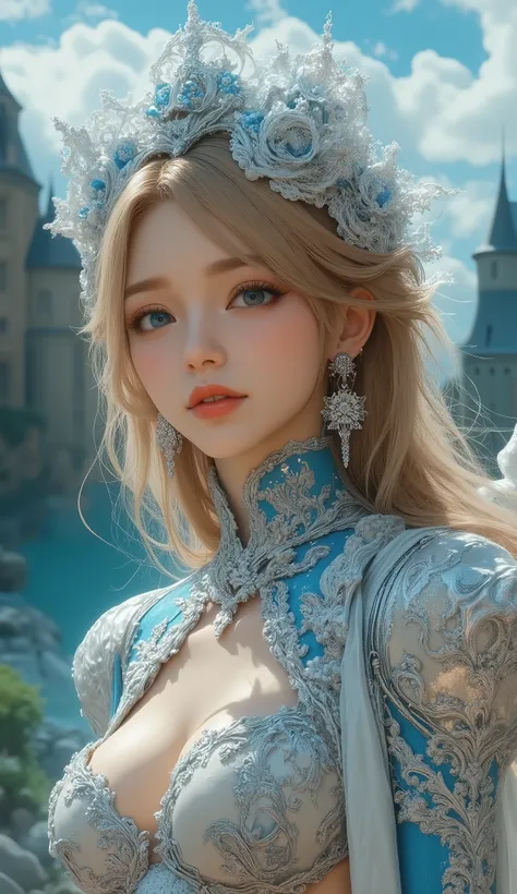 Close-up of a woman in a silver and blue dress, ArtStationの程維潘, Jan J,  Detailed Fantasy Art ,   beautiful character art  ,  In the form of、 Fan Art Best Art Station ,  Spectacular Exquisite Character Art , Beautiful Armor,  a very detailed term,  detailed...