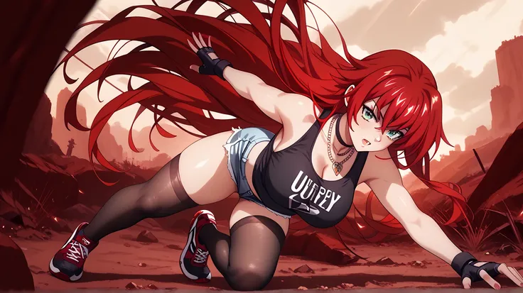   Sexy rias gremory, UHD, wearing very short black tank top , booty shorts,  Thigh-length stockings ,  sports shoes , necklace,  red hair,  Long hair,  big breasts, voluptuous, In a reddish wasteland, pose sexy,  of foot,  action pose , 