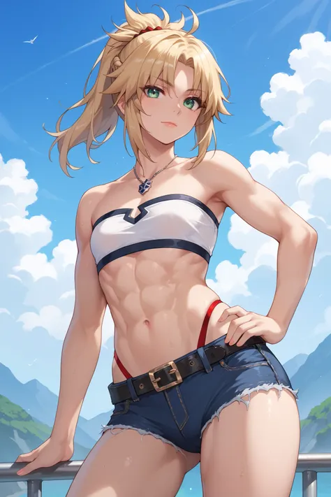 Mordred, Fate. blonde hair in high ponytail. wild, messy hair. ahoge. light green eyes. small breasts. androgynous. toned athletic body. tomboy. wearing white tube top with blue trim, denim shorts with black leather belt, red thong. cowboy shot. high resol...