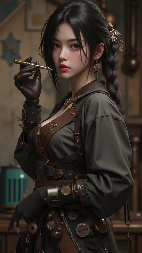  Steam Punk ，High quality masterpieces，16k HD ， HD ，A girl， beauty， Dark Hair，Braided Ponytail ， ，Repairman ， vanguard dressed with sexy lips ， full body photo， background made by a high quality master in the studio 