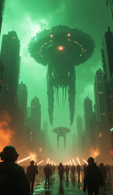 A highly detailed digital artwork of a chaotic alien invasion.  Giant, bio-mechanical war machines descend from a swirling, green nebula sky.  Futuristic cityscapes crumble under laser fire and energy blasts.  Human resistance fighters engage the alien inv...