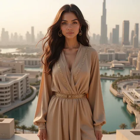 (masterpiece, ultra-detailed, cinematic, futuristic Dubai, year 2100, 
Full-Body Shot, high resolution, 
A refined female influencer from 2025, 23 to 28 years old, 
bright expressive eyes, long wavy dark brown hair flowing gently in the warm breeze, 
weari...