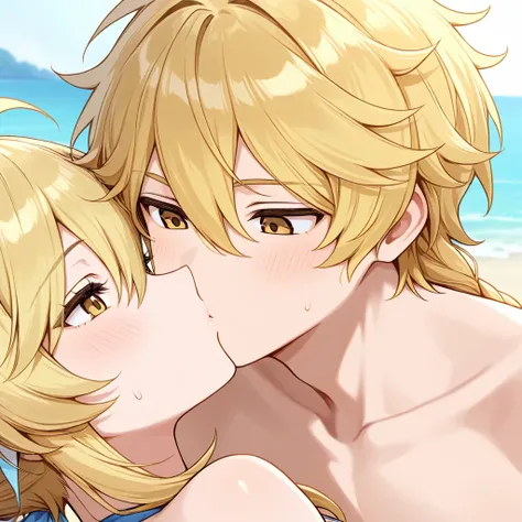 Lumine blonde hair golden eyes and Aether boy blonde hair kissing on the mouth on the beach 