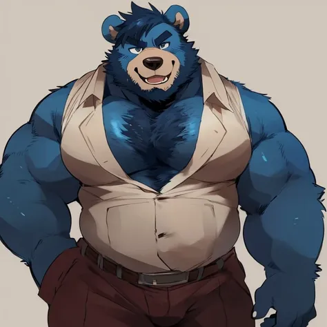 bear, furry, blue fur, handsome, very muscular, very big, extremely hot and sexy, beard, hair, chest hair, charming eyes, solo, male, happy expression, daddy, full body, big body, clothes, middle aged, by hyaku, by darkgem, by glitter trap boy