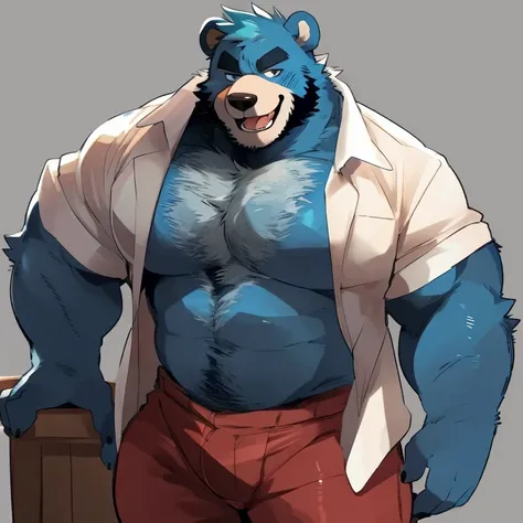 bear, furry, blue fur, handsome, very muscular, very big, extremely hot and sexy, beard, hair, chest hair, charming eyes, solo, male, happy expression, daddy, full body, big body, clothes, middle aged, by hyaku, by darkgem, by glitter trap boy