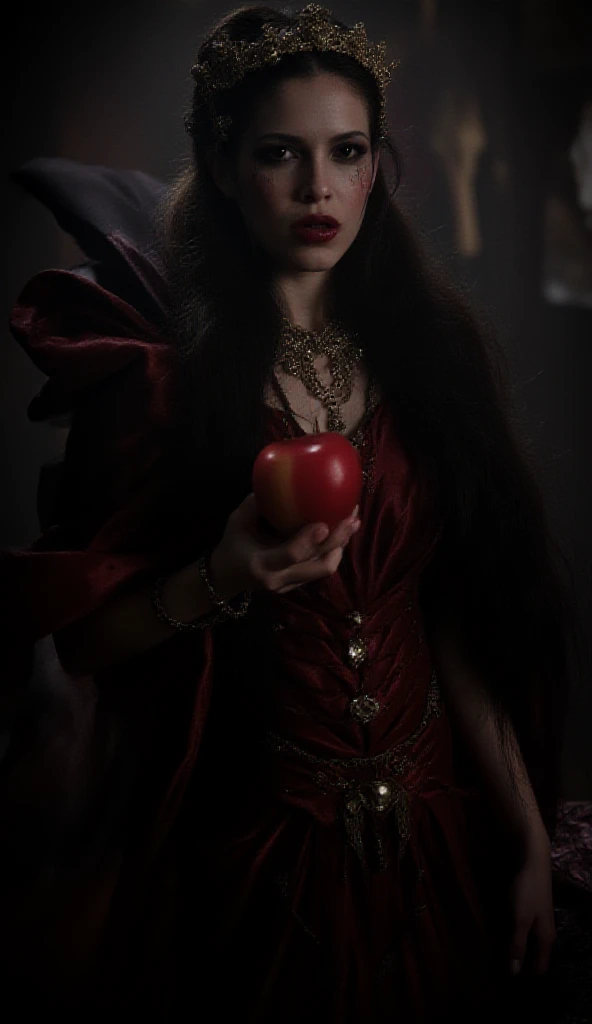 [ girl, Black Long Hair，The Black Queen ，Accessories，Apple in hand ，Poison apples，Witch Queen，red lipstick