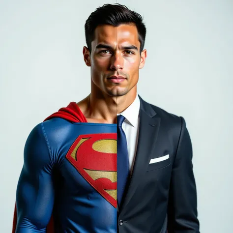 Generate photo  ，Left half Superman wearing Superman costume   , Right half Clark Kent reporter wearing suit