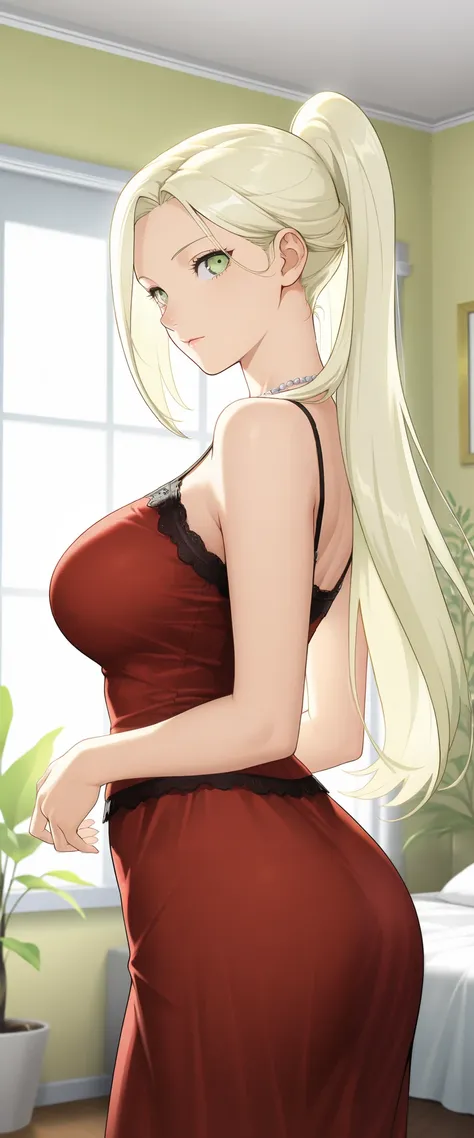 Masterpiece, elegant mature woman, ino yamanaka, long hair, high ponytail long hair, light yellow color hair, light green eye color, tall body, camisole, upper body, dynamic lighting, ultra detailed, highres, absurdres, home,  ino\(boruto\) style, stunning...