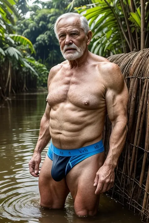 An explicit NFSW image of an 80-year-old , muscular and shirtless,  old man wearing underwear in a stream with cassava plantations and fences, Oxen and cows    