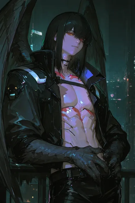 masterpiece, newest, absurdres, safe Solo, high detailed, male, handsome masculine male, Sexy male. Masculine male. Handsome Male, sexy male, Seductive, Goth sci-fi, Medium hair, black hair, Harpy, Orange eyes, Black Jacket, Open Jacket, exposed chest, sex...