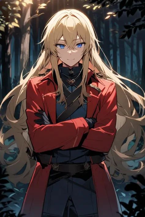  in the woods　night　Adult man　I'm tying my long blond hair into one　Blue Eyes　 red coat　Black gloves　 Bbo~　 sharp eyesight　 Smile　 arms crossed