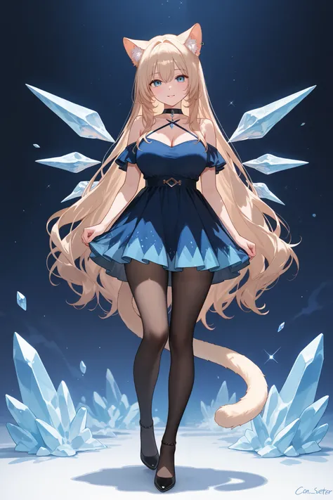 Waifu adult ice cat, monster girl,  with cat's ears and tail,  High resolution, HD model, con sueter , dress, skirt - tights