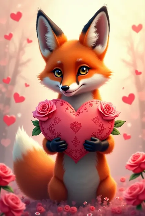 Make a fox full body art while holding a valentine heart and roses