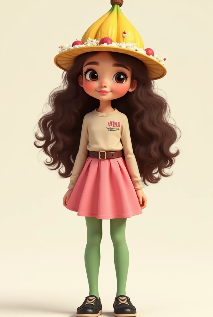 Beautiful girl with long curly dark and light brown hair, with a light brown long sleeve shirt that says in one corner "Ana ice cream"  with a brown belt , a pink skirt, green tights and black shoes and over the hair a hat in the shape of a banana split