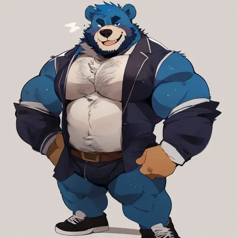 bear, furry, blue fur, handsome, very muscular, very big, extremely hot and sexy, beard, hair, chest hair, charming eyes, solo, male, happy expression, daddy, full body, big body, clothes, middle aged, by hyaku, by darkgem, by glitter trap boy