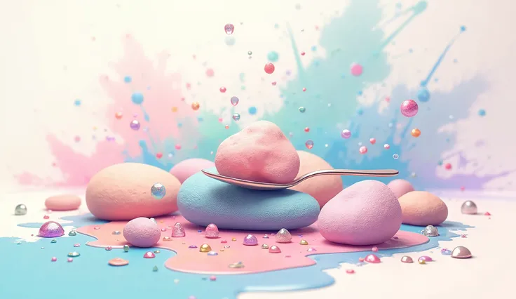 Make a small spoon ， and small pebbles with colored pastel sequins on the inside ， with splashed ink art style ， {x} cute 2D anime pattern similar to a dynamic logo circle 