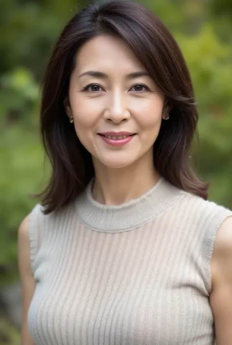 high image quality , masterpiece, top quality。Beautiful middle-aged woman standing in a park (48 years old: 1.4), ( face), wavy dark hair ,Slender and long legs, fine laugh lines: 1.2, and a bewitching smile . 。 sharp facial details , amazing beauty...