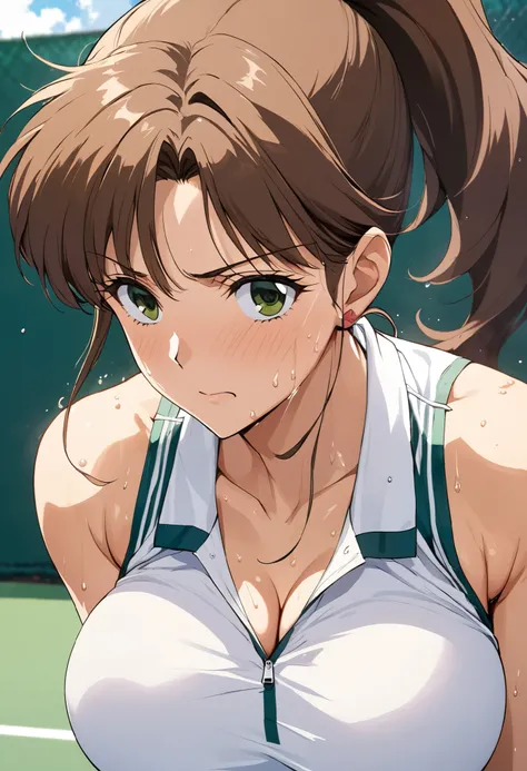 masterpiece, Highest quality, High resolution, (Makoto Kino),1990s \(style\),height: 175cm, Brown long hair,ponytail、 sexyな長い脚, tennis uniform, Tennis court,(E-cup beautiful breasts)、Sweating all over the body、vapor、Muscular、sexy、Face writhing in pleasure、...