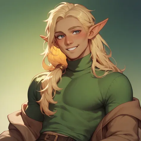 1boy, Solo, Looking At Veiwer, Long Pointy Ears, Elf, Long Hair, Golden Hair, Blonde Hair, Pale Skin, Blush, Smile, Earthy Tones, Green Crop top, Brown Wool Sweater, Dark brown pants, 