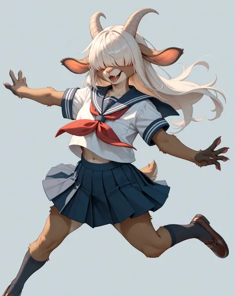 school girl , furry female goat , geek , Introvert , long hair , bangs , hair over eyes , school uniform , bold action , ballet pose