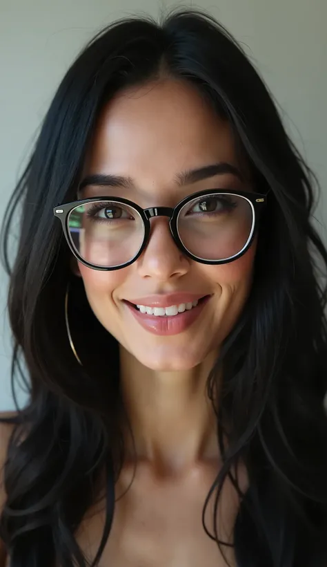  A woman, Brunette with black and straight hair, big lips and teeth,  wearing glasses 