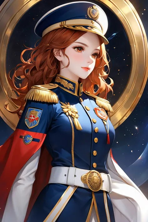  a realistic oil painting of a young woman ,  with long and slightly curly copper hair ,  brown eyes  ,  with white skin , wearing a military dress  ,  a perfectly cut jacket in dark blue ,  with gold details on the edges of the sleeves and neck ,  shiny b...