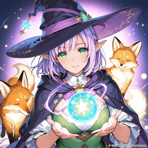  top quality,  Hi-Res,  1 girl, Elf,  witch hat ,  a cute, glowing fox  , Energy sphere,  Light particles,  shiny hair,  Shining Stars ,  fantasy,