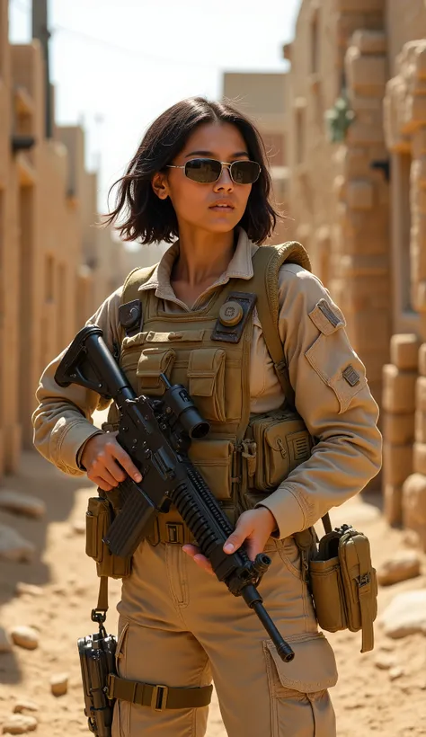 A beautiful Bolivian woman as a mercenary, sexy, big boobs, 20 years old, with wavy black bob hair framing her face, partially tucked beneath a tactical headset. She wears dark sunglasses that conceal her sharp, observant eyes, scanning the arid landscape ...