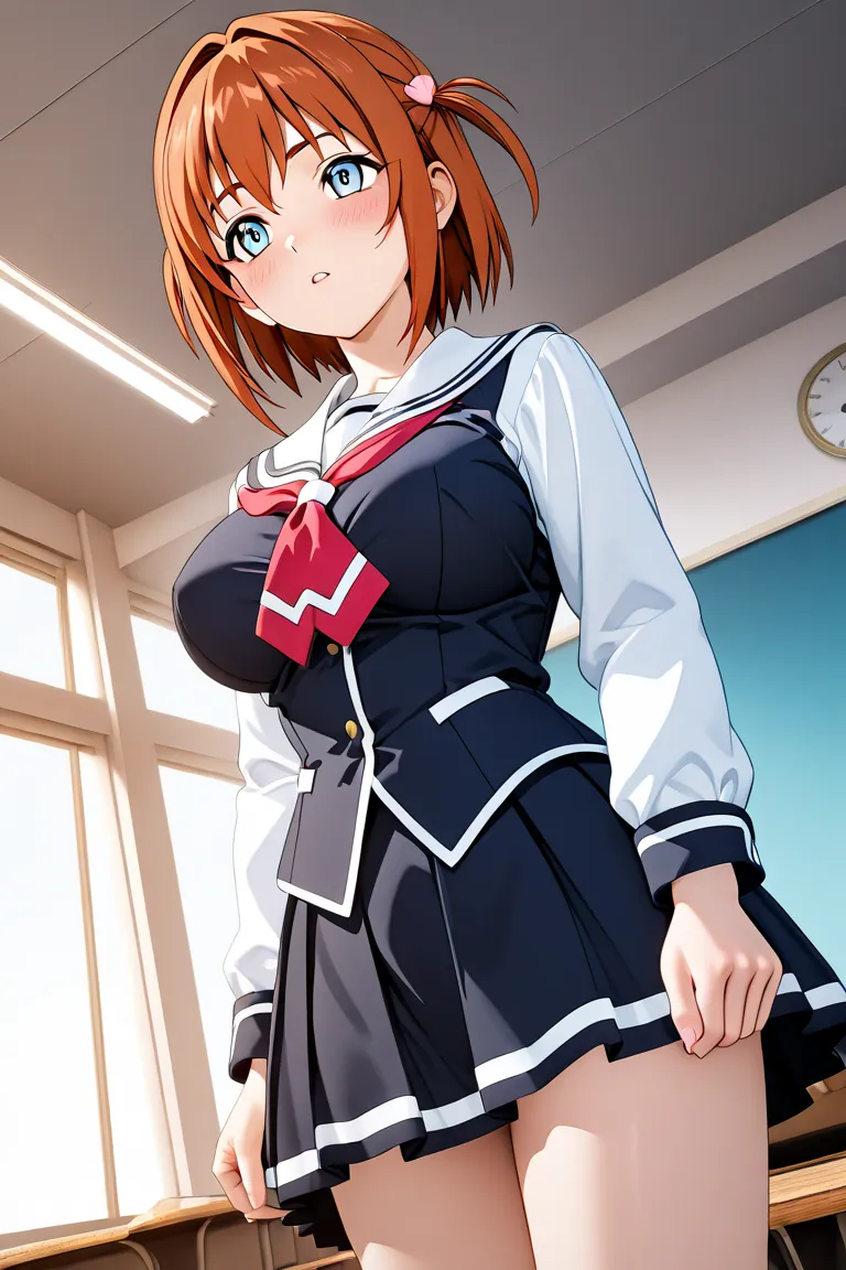  beautiful 3d anime style girl,  with big breasts,  ,  schoolgirl clothes, In a school, showing breasts to the spectator and smiling