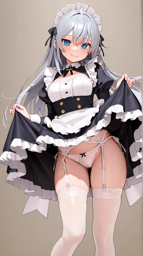 masterpiece , 8k, 1 girl、One person、 high socks、 skirt、 maid outfit、Gray Hair、 long hair、 blue eyes、 blushes、white stockings、 frill、 thighs、Big Tits、 garter belt、 stylish 、 white brim、 white panties、standing、smile、Young lady、lace, 