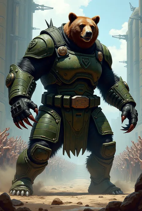 Comic: male space gladiator as a Kodiak bear with black/camo green attire, and wields steel claws