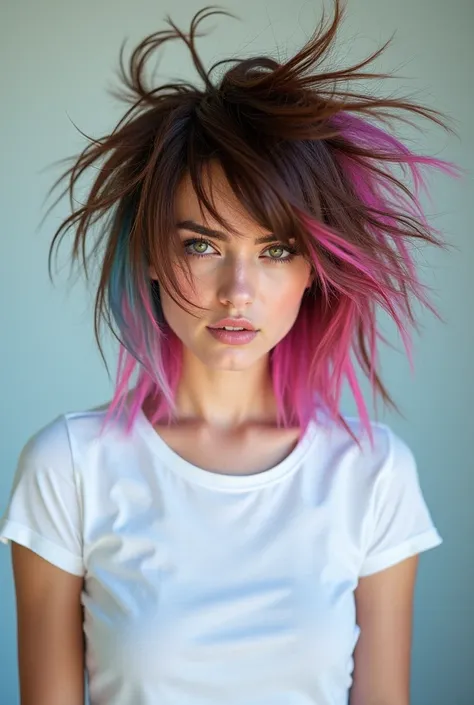 brown hair ((messy with frayed edges)), ((lots of pink and blue highlights in hair)), wearing a tight white t shirt