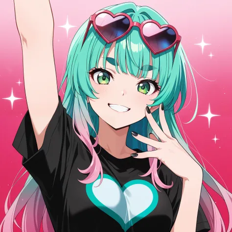 masterpiece, best quality, amazing quality, anime screencap. BREAK. solo, 1girl, heart, black nails, shirt, smile, eyewear on head, green hair, black shirt, heart-shaped eyewear, looking at viewer, multicolored hair, upper body, long hair, sparkle, short s...