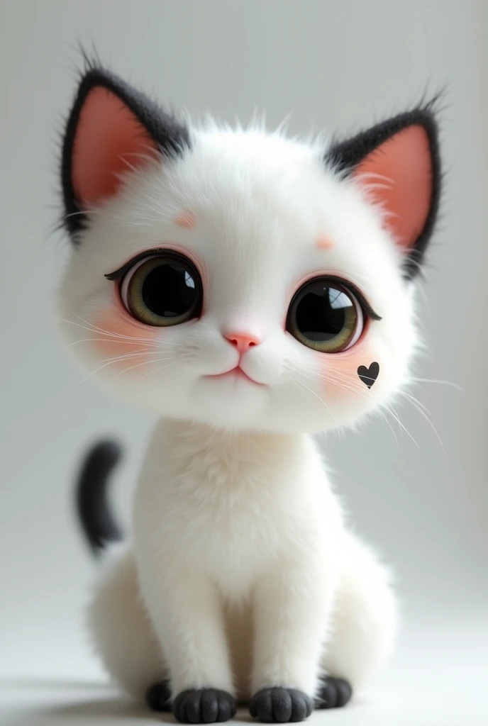 *A snow-white cat with jet-black accents: black ear tips, tail tip, and paw "socks." Enormous rounded black-hole deep eyes, tiny button nose, soft pink lips, and a small black heart-shaped mark on one cheek. Delicate facial structure, petite proportions (5...