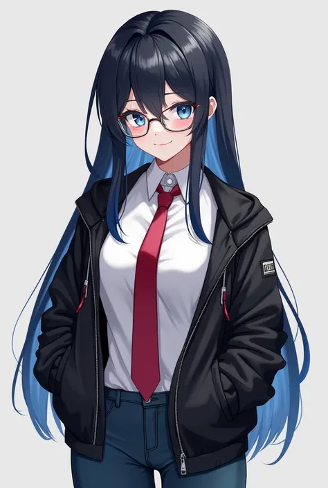 adult anime woman with black jacket and white shirt and black hair and with blue locks and blue eyes and red tie and jeans with glasses 