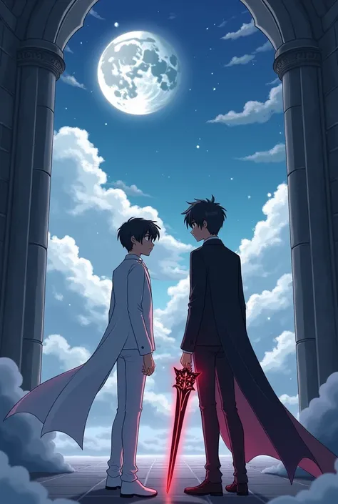 Boy of about 1. 78 with black hair in a white suit and another boy of about 1.90 I bet in a black suit and a black star sword with a red aura against the background of a castle above the sky that you can see the moon and the clouds both stand and see each ...