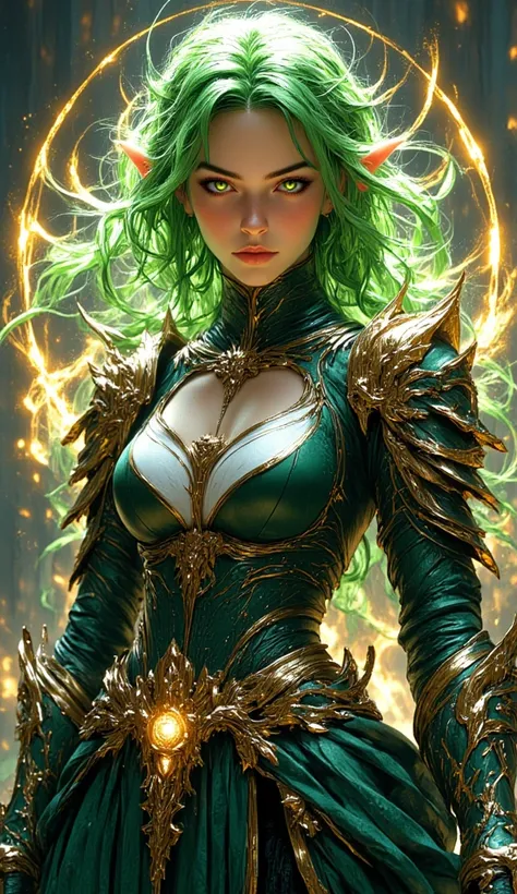 High resolution, details, white elves woman, green hair, cut
plunging square, cute look, young eyes, sexy mage suit, using wind magic, surrounded golden aura  