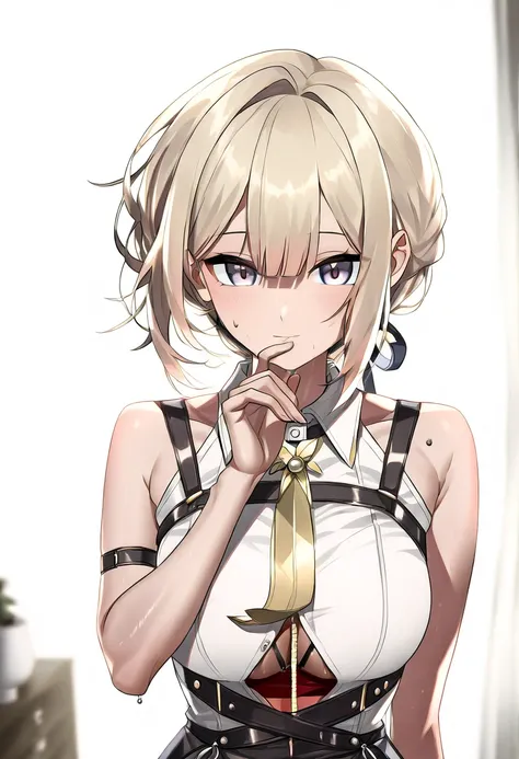 1girl, solo, evelyn chevalier, purple eyes, blonde hair, short hair, 
collared shirt, white shirt, bare shoulders, yellow jewelry, necktie, high-waist pants, arm strap, chest harness, thigh strap,
expressionless, looking_at_viewer, hand_to_mouth, luxurious...