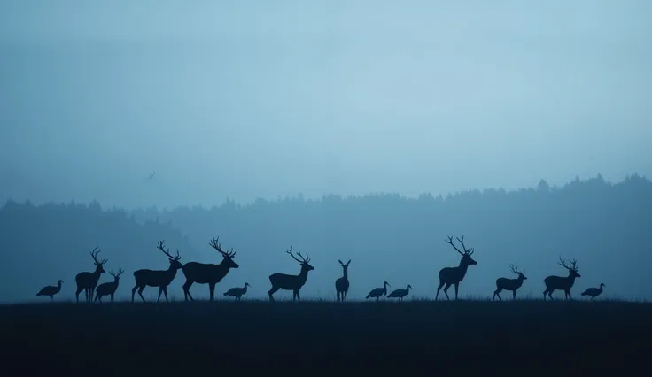 Dramatic silhouette of a herd of wild animals at dawn against a misty landscape. Herd of deer and birds (probably cranes) visible as black silhouettes against a blue-grey sky. Horizontal, minimalist composition. Animals aligned with the horizon, forming a ...