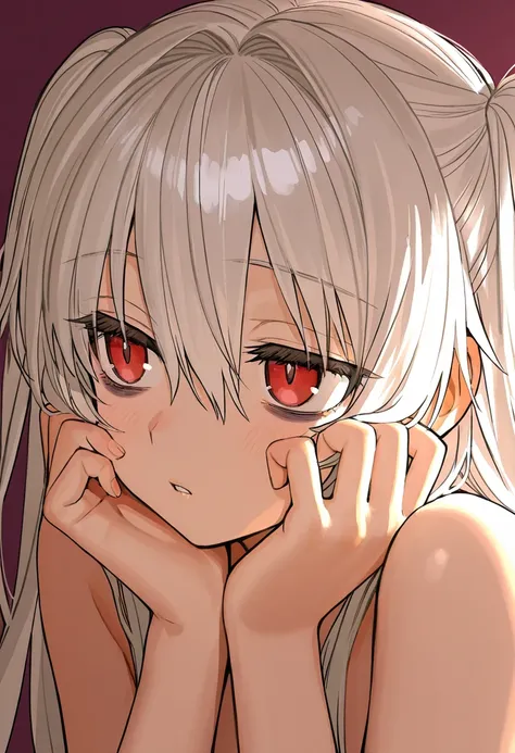 ((by wada arco)), 1girl, young girl, white hair, very long bangs, hair between eyes, two side up, red eyes, split pupils, bags under eyes, nudity, bare shoulders, hands on own face, looking away, parted lips, tired, portrait, dramatic lighting, maroon back...