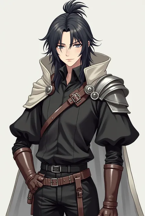 Make it anime style: a man with long black hair tied up and gray eyes with a calm expression. He wears a black shirt with a high collar and wide short sleeves.. Black pants with brown boots. He wears light armor with a strap on the chest and a cape over hi...